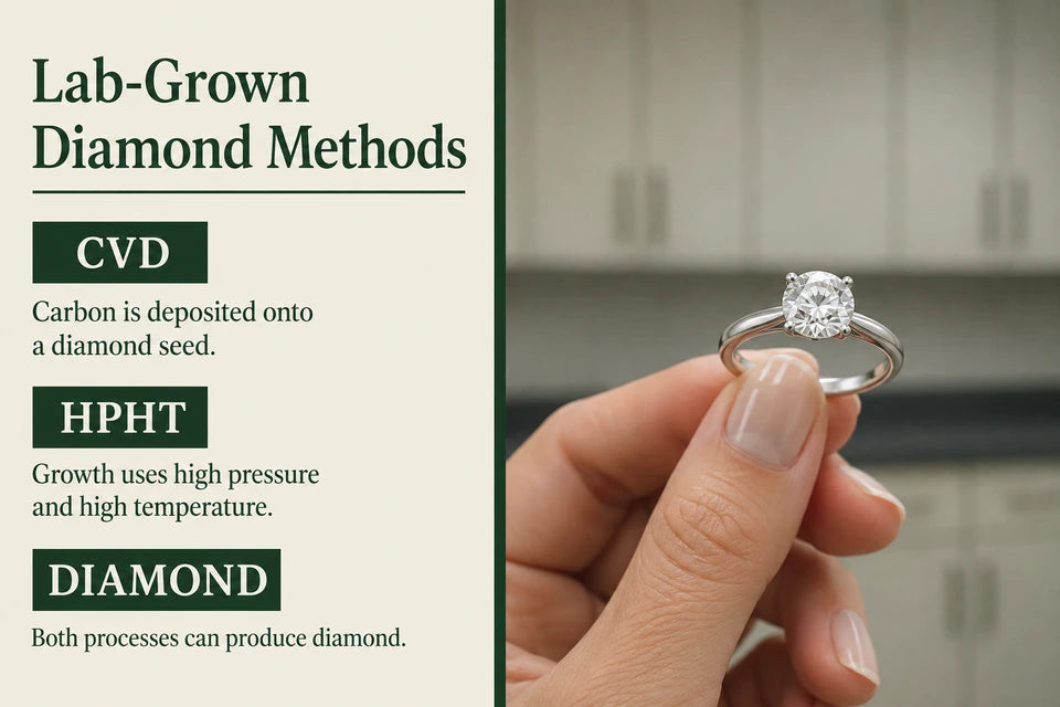 CVD vs HPHT Lab Diamonds: Carbon is deposited onto a diamond seed. Growth uses high pressure and high temperature.