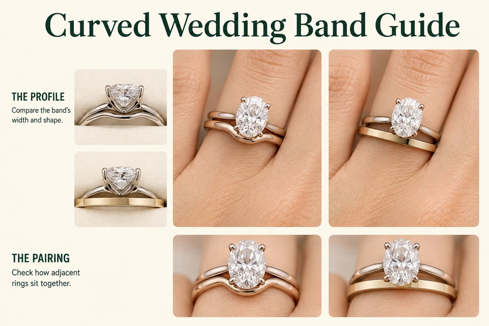 Curved Wedding Band Guide: Compare the band’s width and shape. Check how adjacent rings sit together.