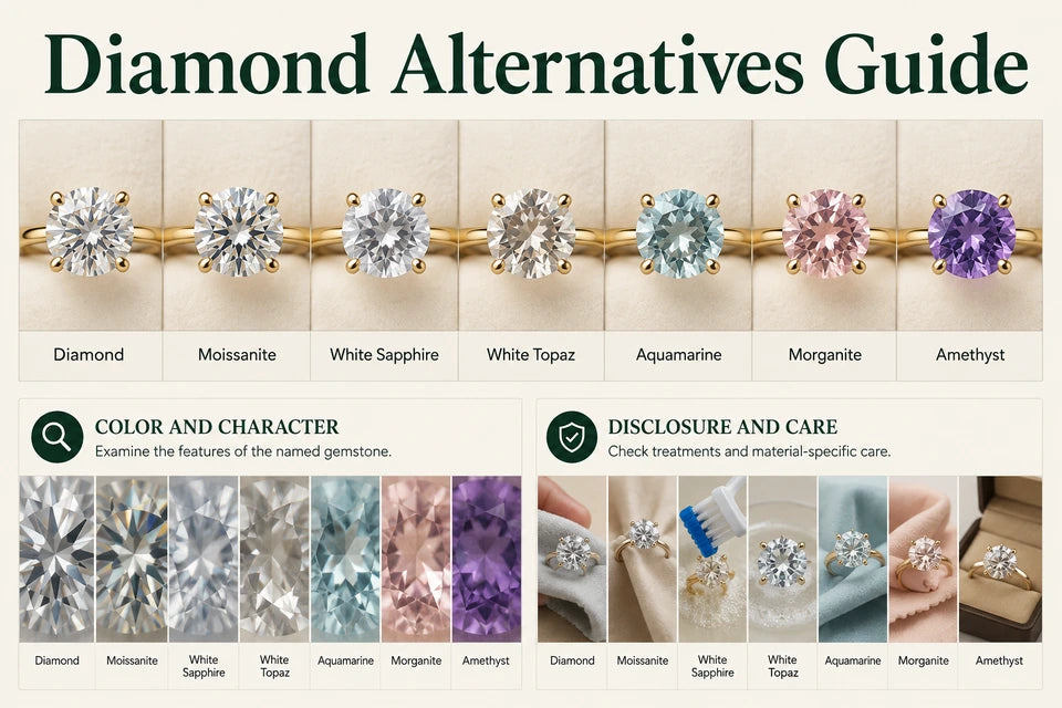 Diamond Alternatives Guide: Examine the features of the named gemstone. Check treatments and material-specific care.