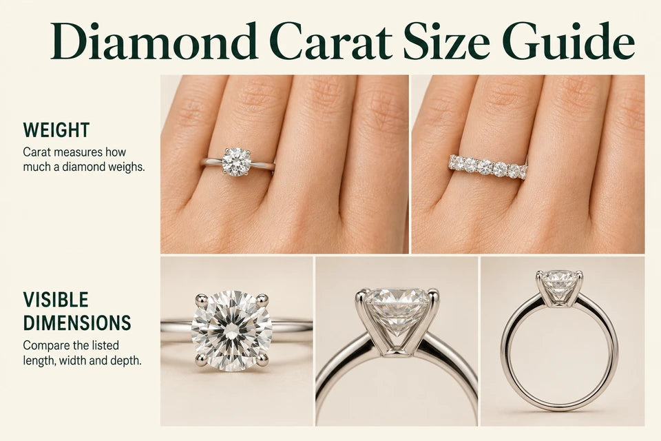 Diamond Carat Size Guide: Carat measures how much a diamond weighs. Compare the listed length, width and depth.
