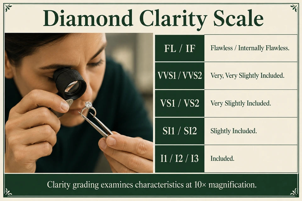 Diamond Clarity Chart: Flawless / Internally Flawless. Very, Very Slightly Included.