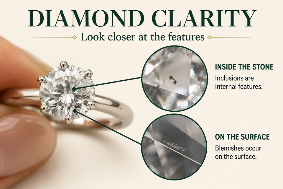 Diamond Clarity Guide: Inclusions are internal features. Blemishes occur on the surface.
