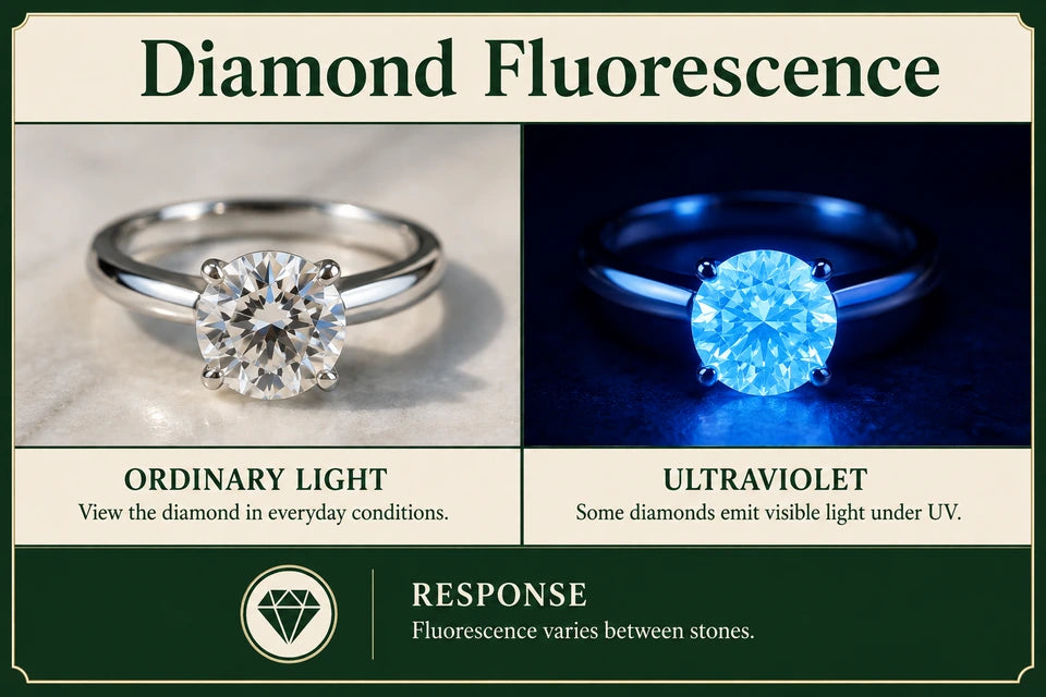 Diamond Fluorescence Guide: View the diamond in everyday conditions. Some diamonds emit visible light under UV.