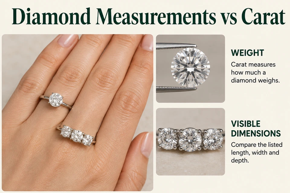 Diamond Measurements vs Carat: Carat measures how much a diamond weighs. Compare the listed length, width and depth.