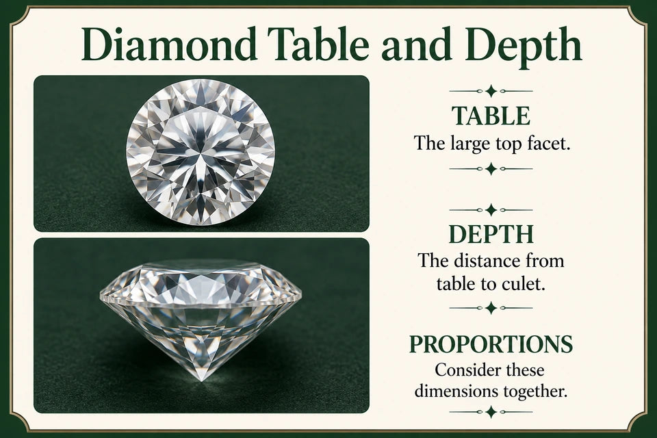 Diamond Table and Depth Guide: The large top facet. The distance from table to culet.