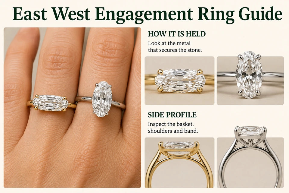 East West Engagement Ring Guide: Look at the metal that secures the stone. Inspect the basket, shoulders and band.