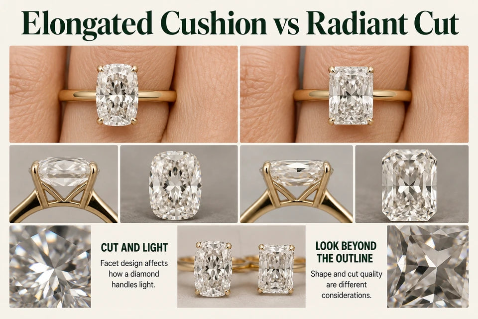 Elongated Cushion vs Radiant Cut: Facet design affects how a diamond handles light. Shape and cut quality are different considerations.