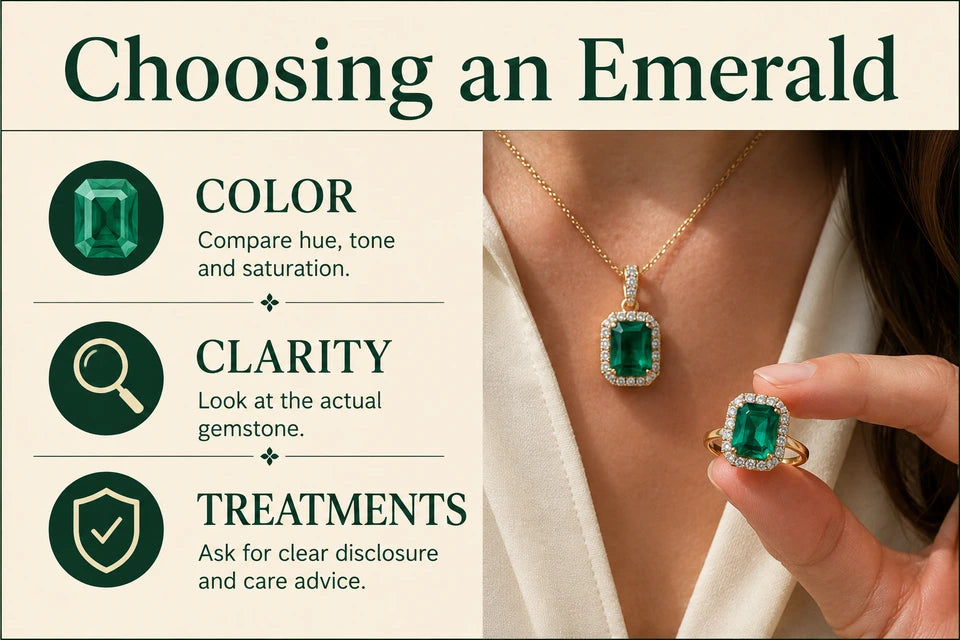Emerald Buying Guide: Compare hue, tone and saturation. Look at the actual gemstone.