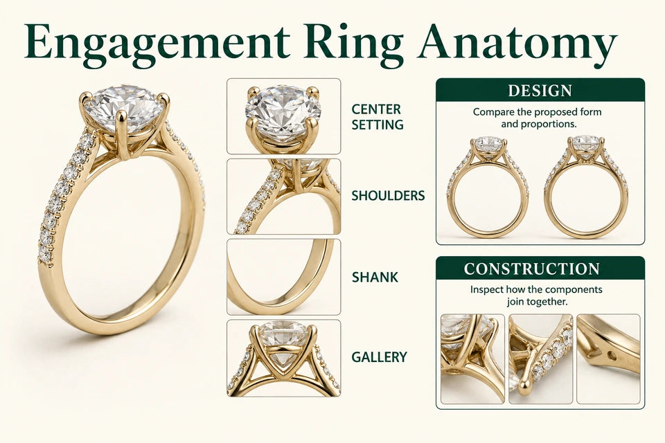 Engagement Ring Anatomy: Compare the proposed form and proportions. Inspect how the components join together.