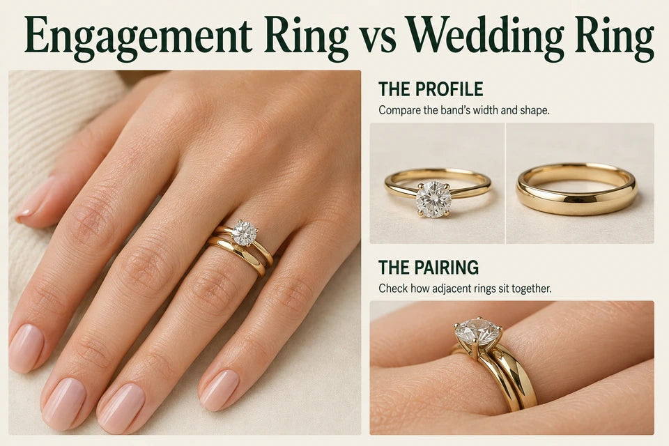 Engagement Ring vs Wedding Ring: Compare the band’s width and shape. Check how adjacent rings sit together.