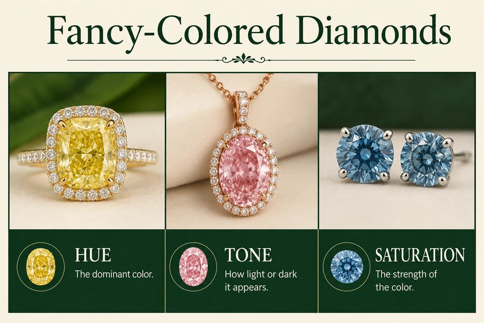 Fancy Colored Diamonds: The dominant color. How light or dark it appears.