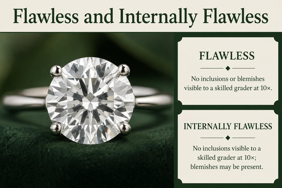 Flawless and Internally Flawless Diamonds: No inclusions or blemishes visible to a skilled grader at 10×. No inclusions visible to a skilled grader at 10×; blemishes may be present.