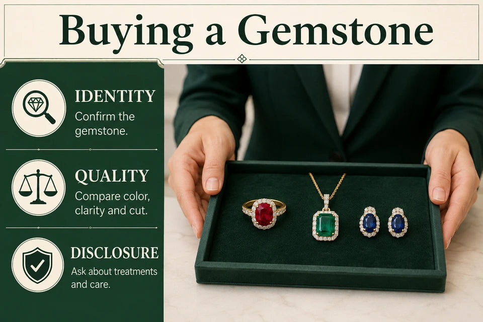 Gemstone Buying Guide: Confirm the gemstone. Compare color, clarity and cut.