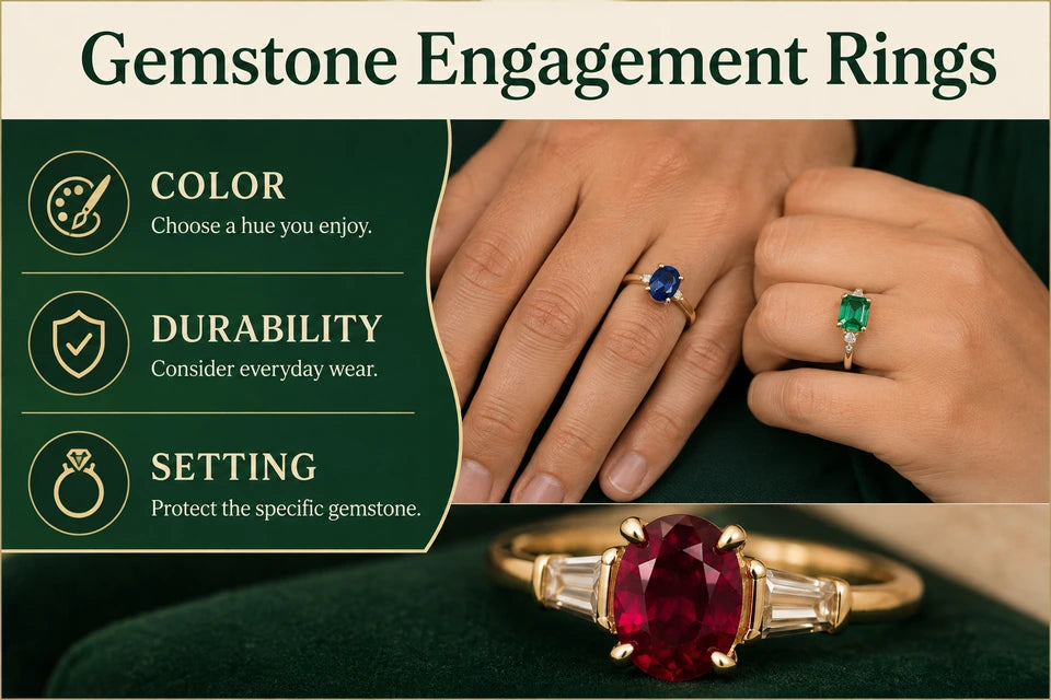 Gemstone Engagement Rings: Choose a hue you enjoy. Consider everyday wear.