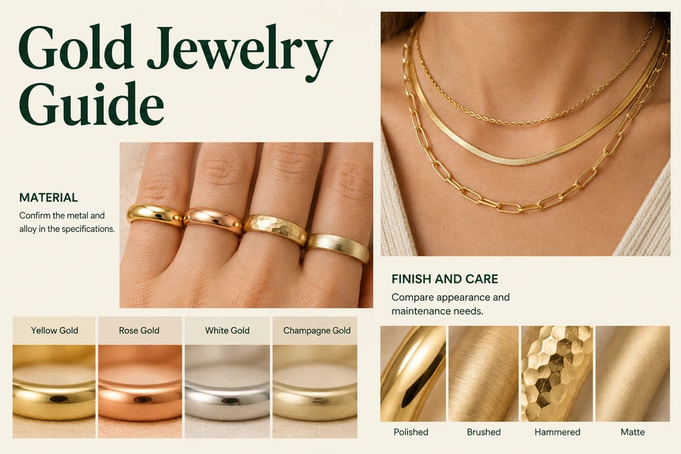 Gold Jewelry Guide: Confirm the metal and alloy in the specifications. Compare appearance and maintenance needs.