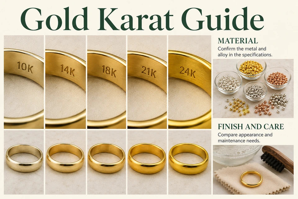 Gold Karat Guide: Confirm the metal and alloy in the specifications. Compare appearance and maintenance needs.