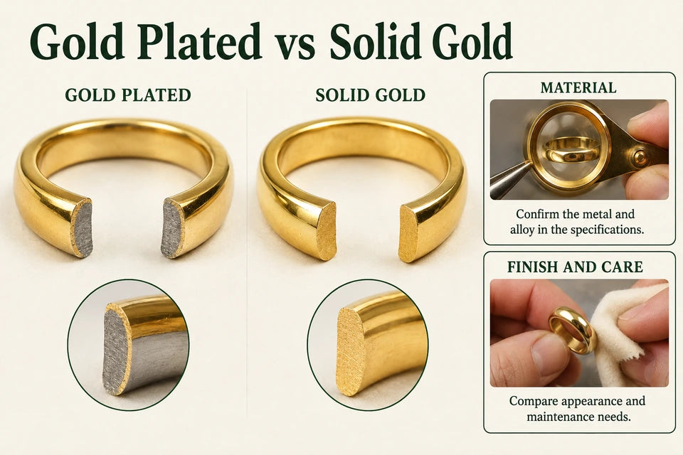 Gold Plated vs Solid Gold: Confirm the metal and alloy in the specifications. Compare appearance and maintenance needs.