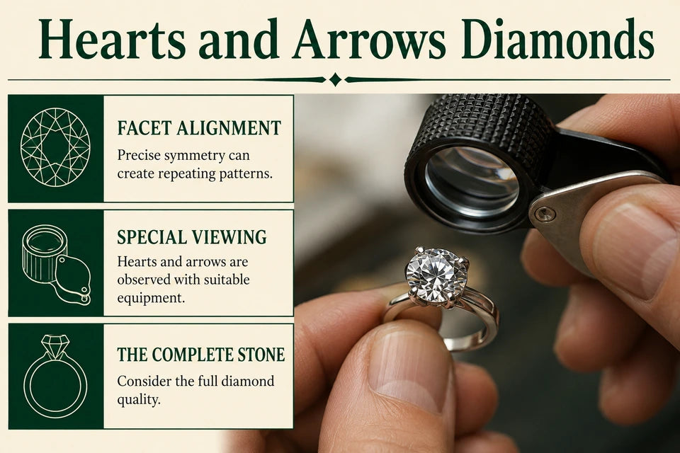 Hearts and Arrows Diamond Guide: Precise symmetry can create repeating patterns. Hearts and arrows are observed with suitable equipment.