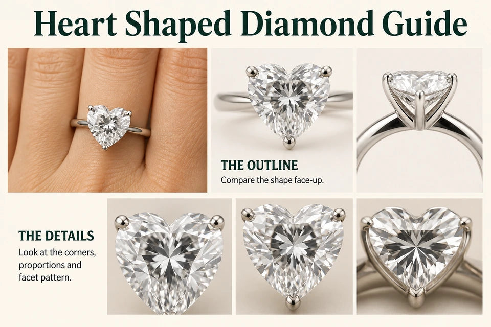 Heart Shaped Diamond Guide: Compare the shape face-up. Look at the corners, proportions and facet pattern.