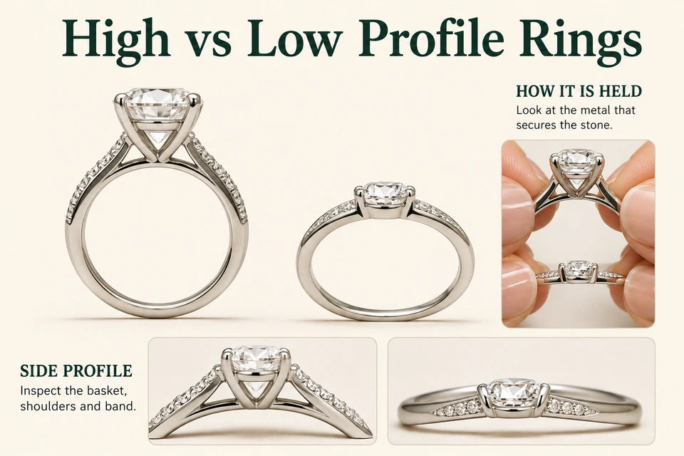 High vs Low Profile Rings: Look at the metal that secures the stone. Inspect the basket, shoulders and band.