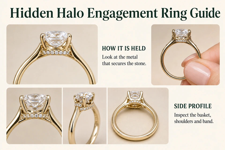 Hidden Halo Engagement Ring Guide: Look at the metal that secures the stone. Inspect the basket, shoulders and band.