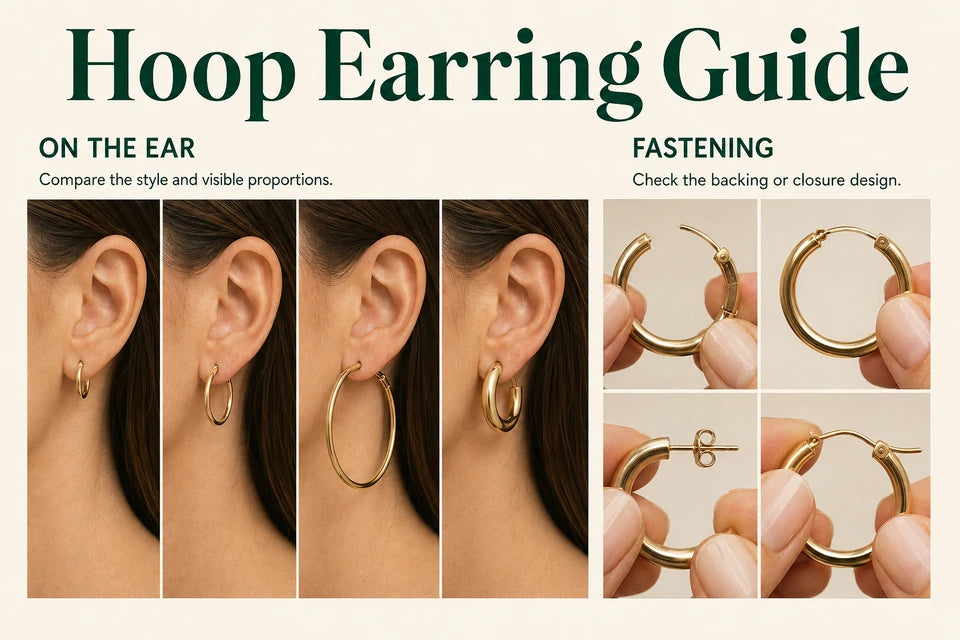 Hoop Earring Guide: Compare the style and visible proportions. Check the backing or closure design.
