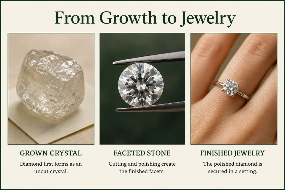 How Lab Diamonds Are Made: Diamond first forms as an uncut crystal. Cutting and polishing create the finished facets.