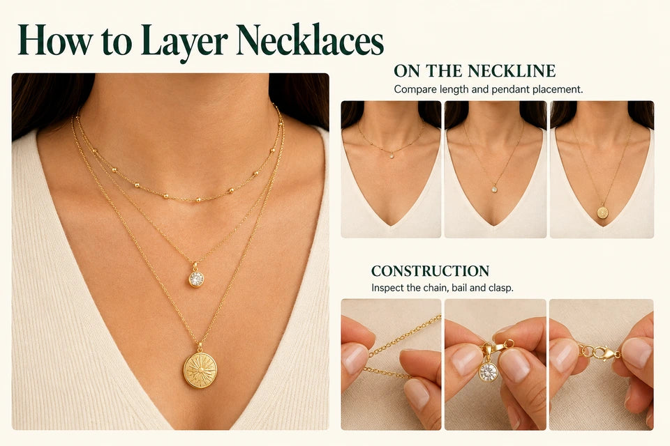 How to Layer Necklaces: Compare length and pendant placement. Inspect the chain, bail and clasp.
