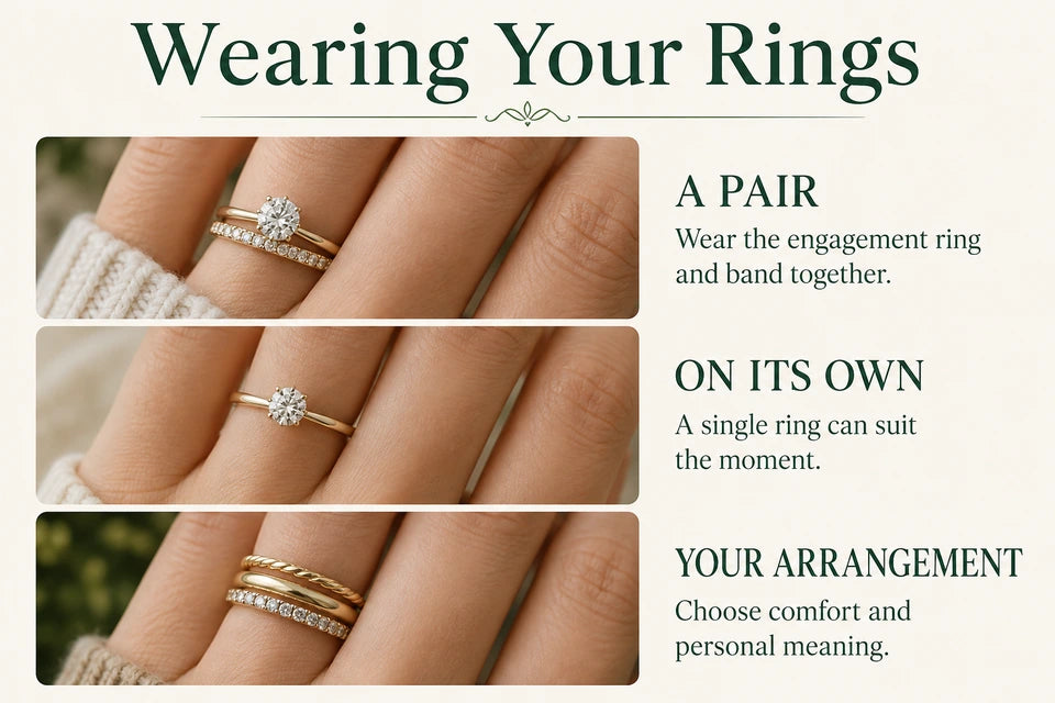 How to Wear Engagement and Wedding Rings: Wear the engagement ring and band together. A single ring can suit the moment.