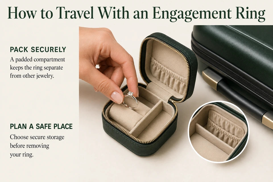 How to Travel With an Engagement Ring: A padded compartment keeps the ring separate from other jewelry. Choose secure storage before removing your ring.