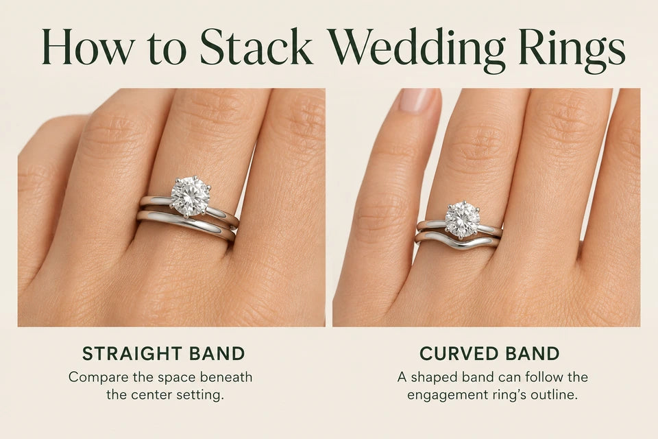 How to Stack Wedding Rings: Compare the space beneath the center setting. A shaped band can follow the engagement ring’s outline.