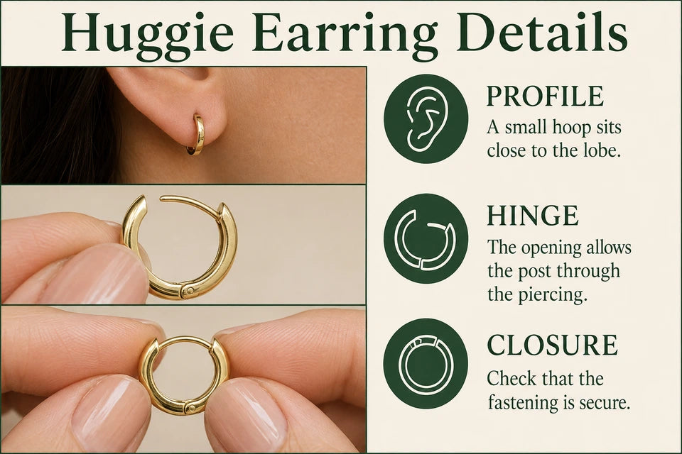Huggie Earring Guide: A small hoop sits close to the lobe. The opening allows the post through the piercing.
