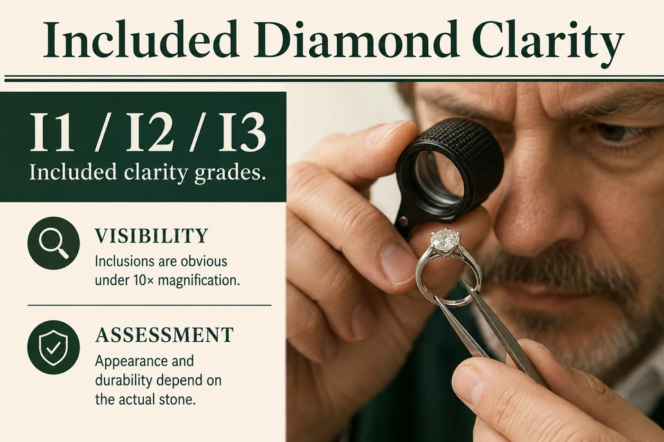 I Clarity Diamond Guide: Included clarity grades. Inclusions are obvious under 10× magnification.