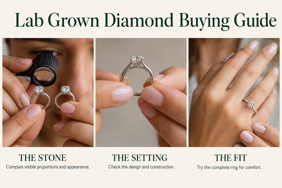 Lab Grown Diamond Buying Guide: Compare visible proportions and appearance. Check the design and construction.
