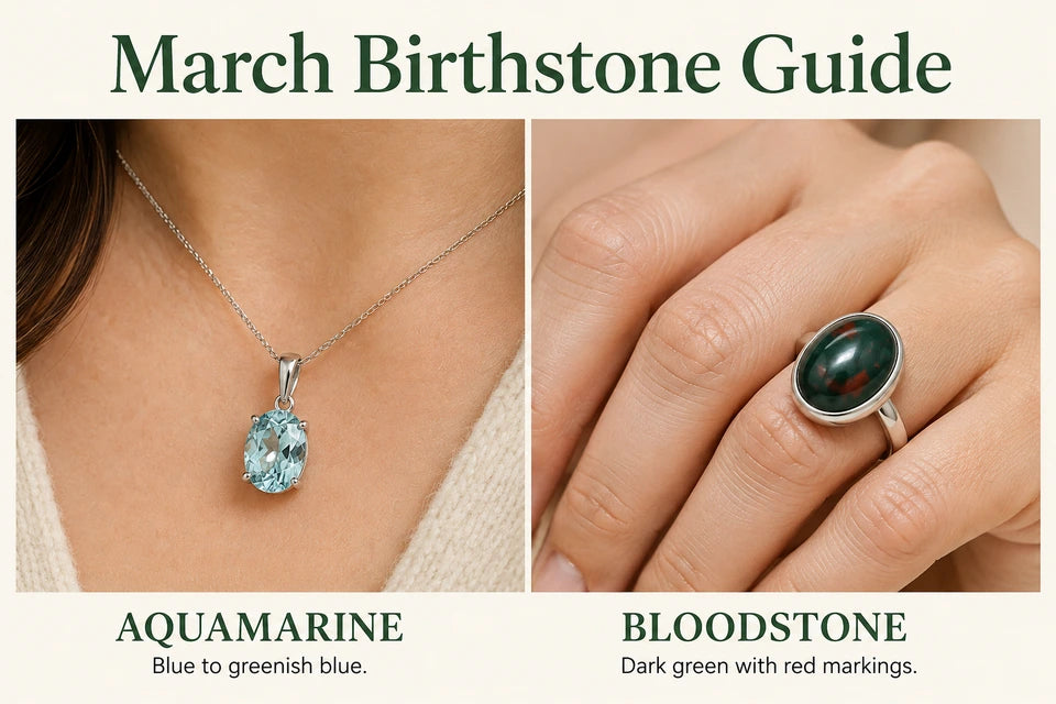 March Birthstone Guide: Blue to greenish blue. Dark green with red markings.