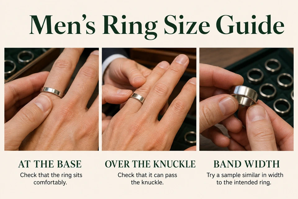 Men's Ring Size Guide: Check that the ring sits comfortably. Check that it can pass the knuckle.