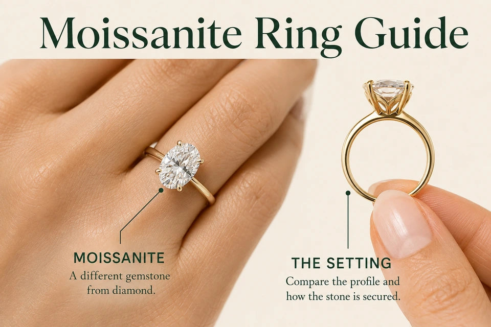 Moissanite Ring Guide: A different gemstone from diamond. Compare the profile and how the stone is secured.