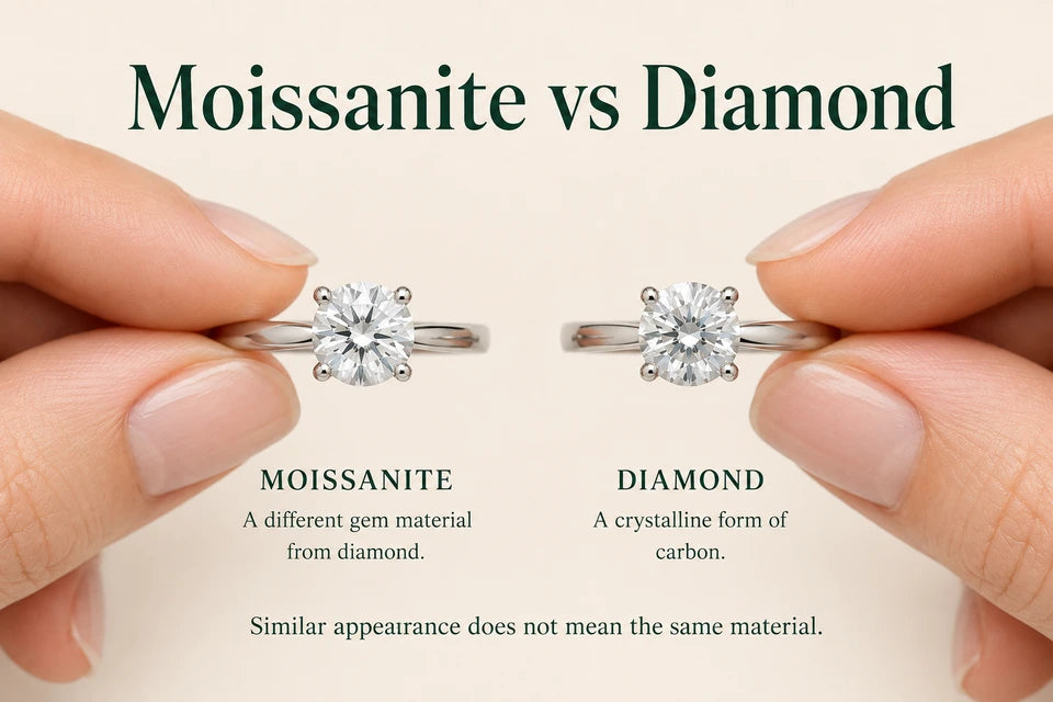 Moissanite vs Diamond: A different gem material from diamond. A crystalline form of carbon.