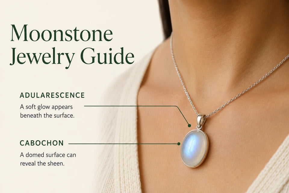 Moonstone Jewelry Guide: A soft glow appears beneath the surface. A domed surface can reveal the sheen.