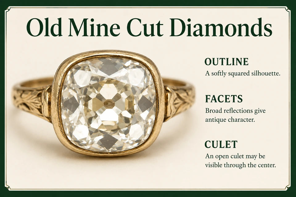 Old Mine Cut Diamonds: A softly squared silhouette. Broad reflections give antique character.