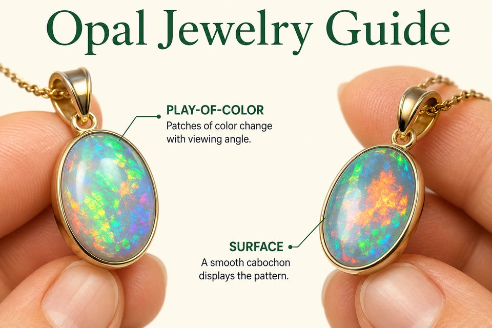 Opal Jewelry Guide: Patches of color change with viewing angle. A smooth cabochon displays the pattern.