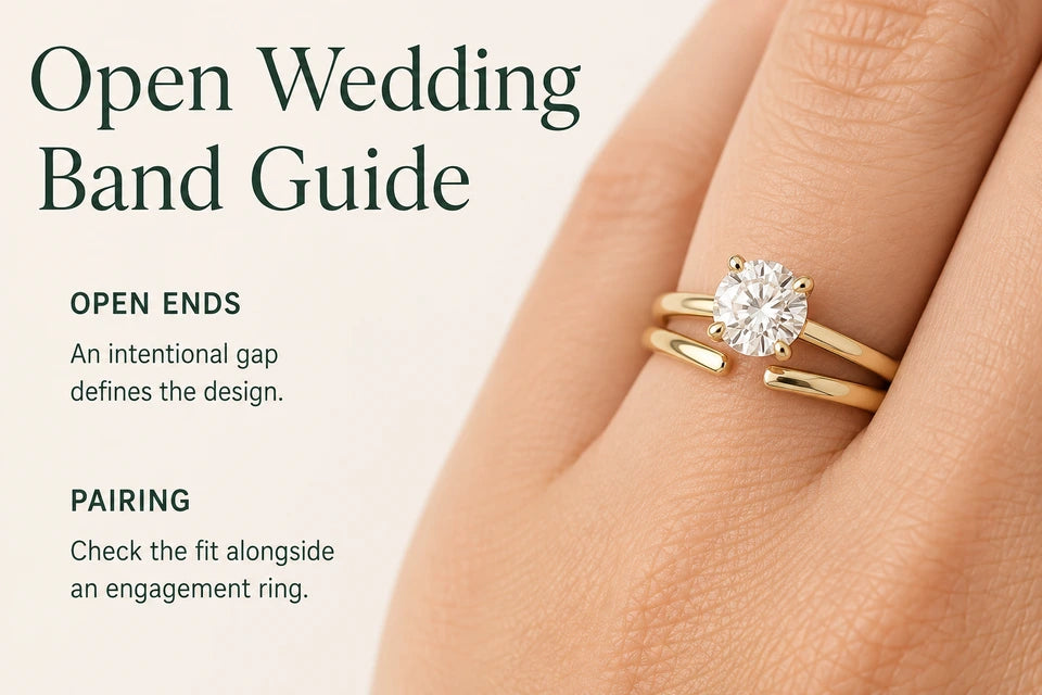 Open Wedding Band Guide: An intentional gap defines the design. Check the fit alongside an engagement ring.