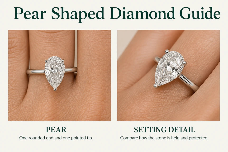 Pear Shaped Diamond Guide: One rounded end and one pointed tip. Compare how the stone is held and protected.