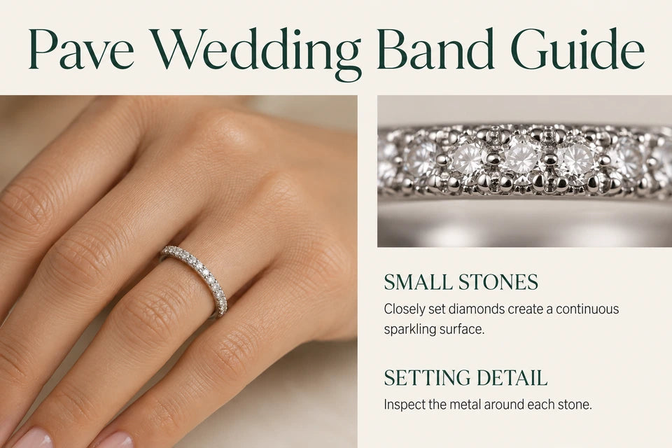 Pave Wedding Band Guide: Closely set diamonds create a continuous sparkling surface. Inspect the metal around each stone.