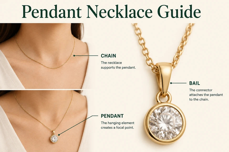 Pendant Necklace Guide: The necklace supports the pendant. The hanging element creates a focal point.