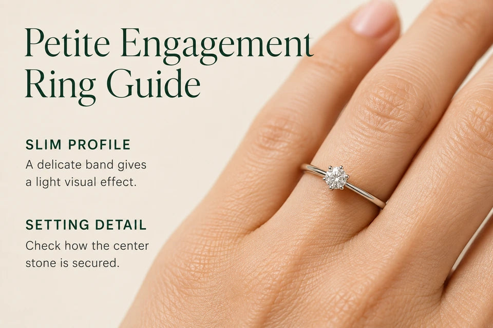 Petite Engagement Ring Guide: A delicate band gives a light visual effect. Check how the center stone is secured.