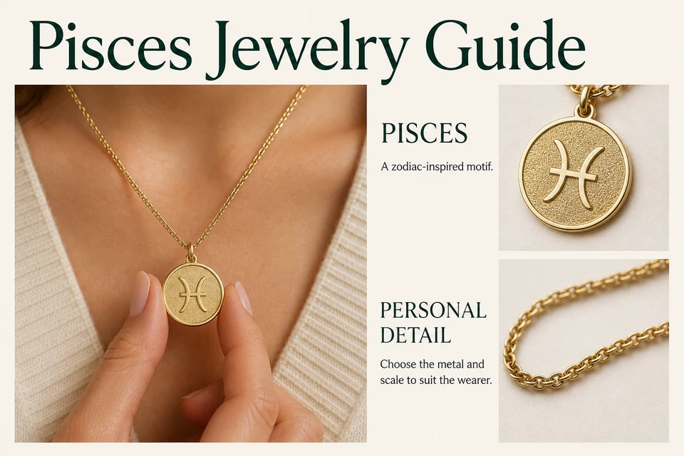 Pisces Jewelry Guide: A zodiac-inspired motif. Choose the metal and scale to suit the wearer.