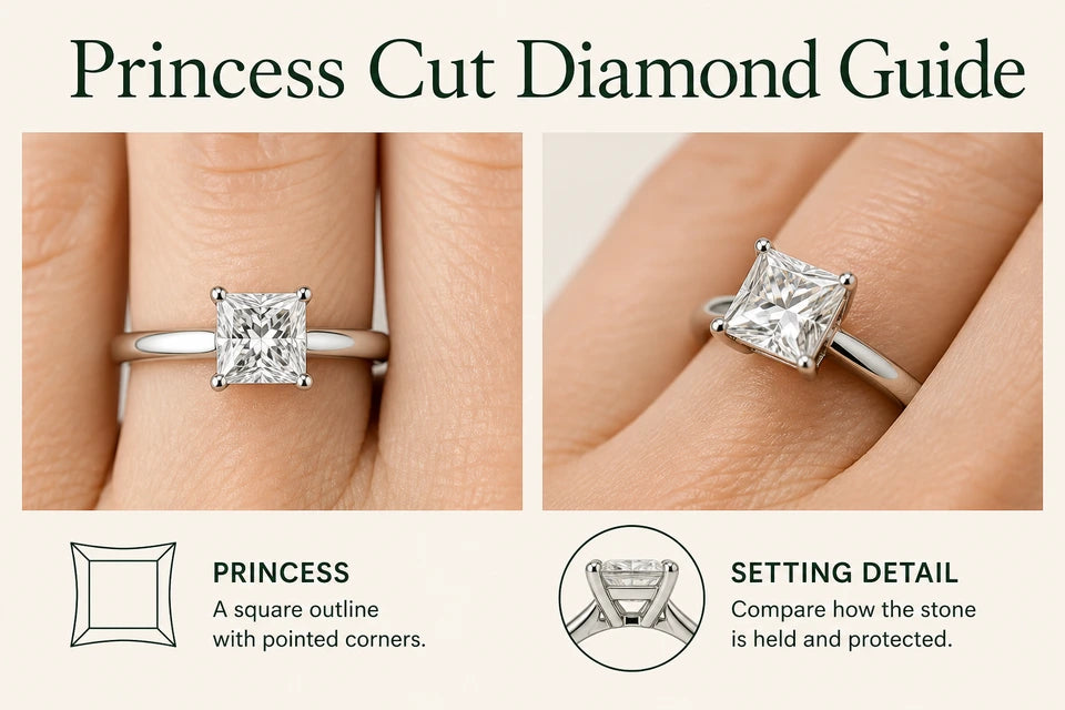 Princess Cut Diamond Guide: A square outline with pointed corners. Compare how the stone is held and protected.