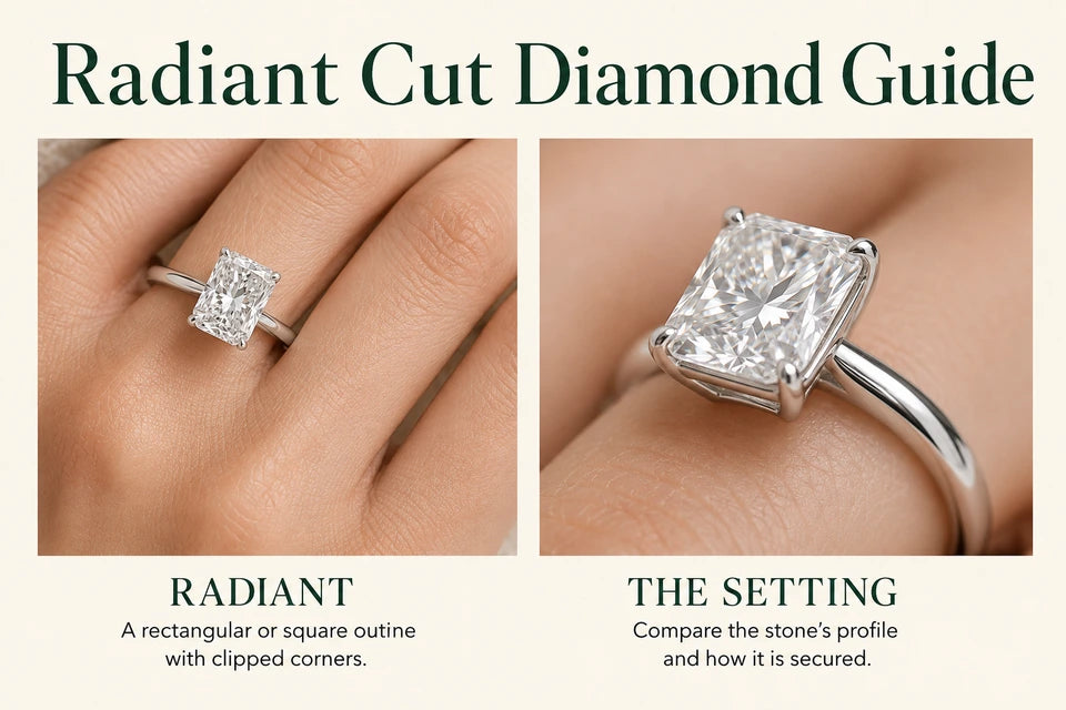 Radiant Cut Diamond Guide: A rectangular or square outline with clipped corners. Compare the stone’s profile and how it is secured.
