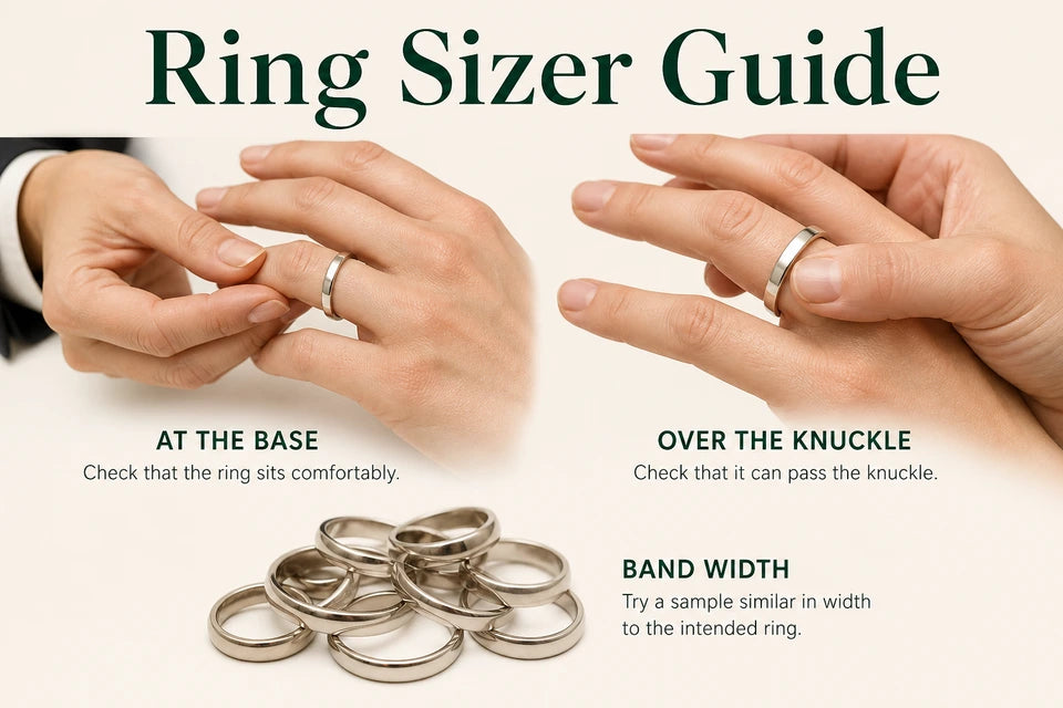 Ring Sizer Guide: Check that the ring sits comfortably. Check that it can pass the knuckle.